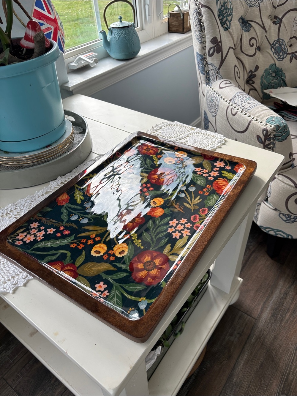 Wooden Floral Serving Tray with Dark Navy Floral Pattern - Picture 11 of 12